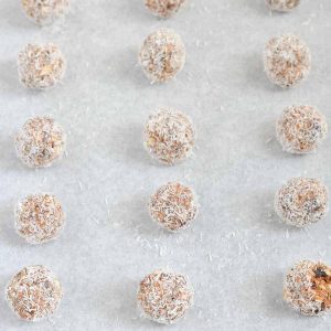close up of caramel protein bliss balls.