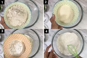 Adding all three flours and mixing them well in a glass bowl.