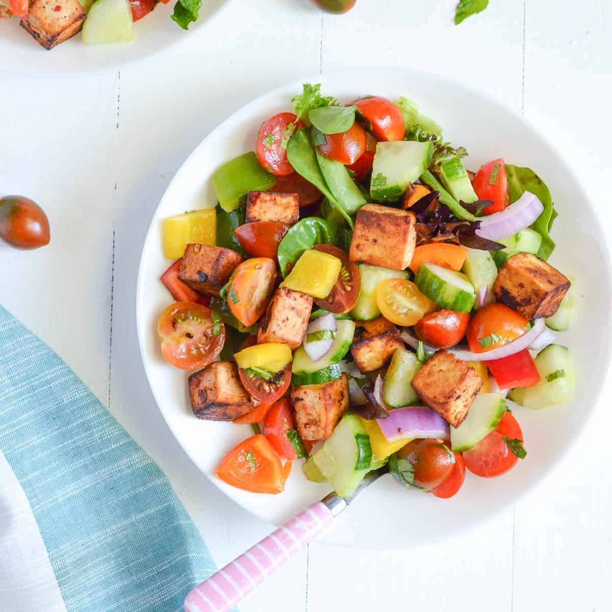 Spicy Tofu Panzanella Salad by Fit Meal Ideas