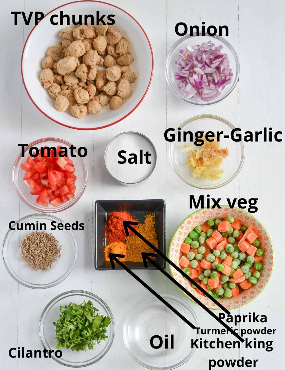 all the ingredients listed in the pic to make TVP chunks curry