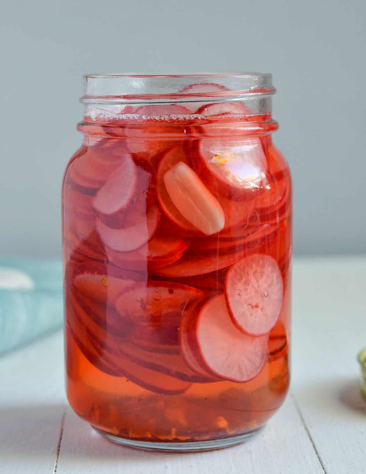 close up of quick radish pickle.