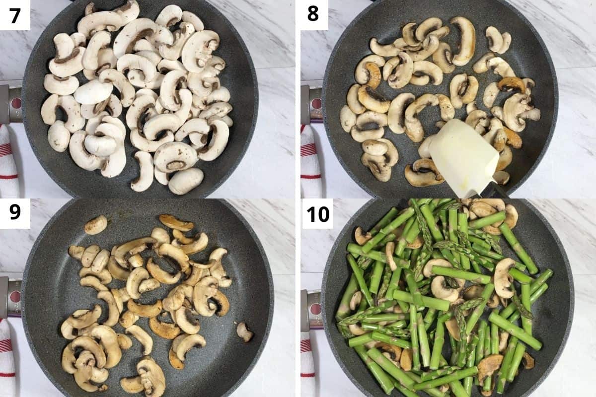 cooking mushrooms till golden in color and finally adding asparagus.