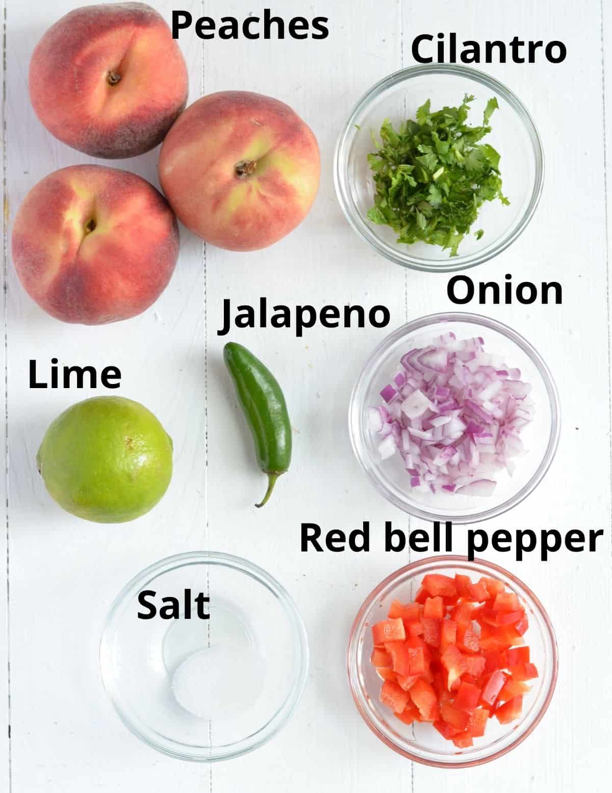 all the ingredients shown to make peach salsa