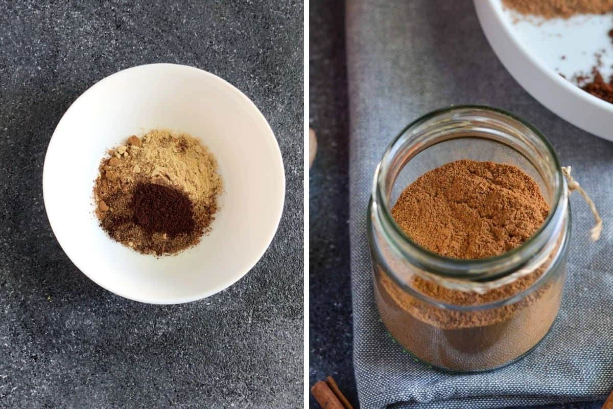 In left, four ingredients piled up in a white bowl. Right pic, homemade spice mix in a glass jar.