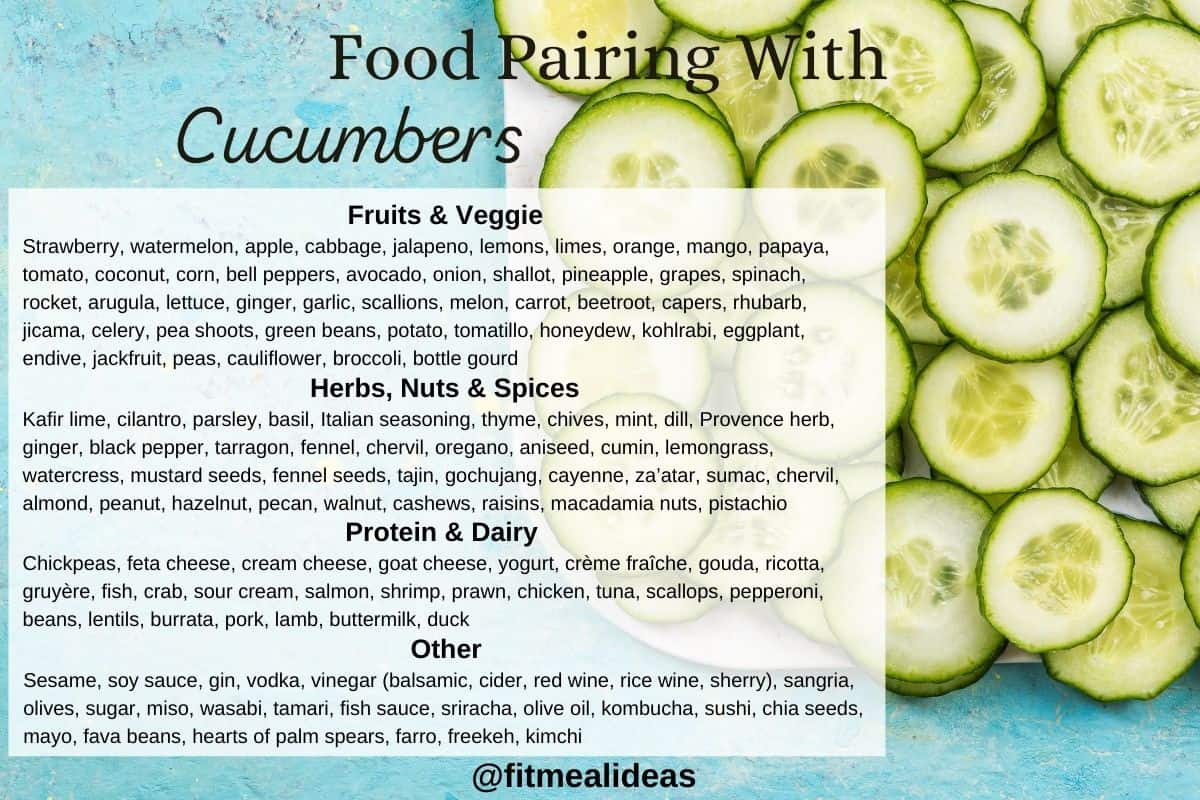 infographic of cucumber with the food groups that pair well with them.