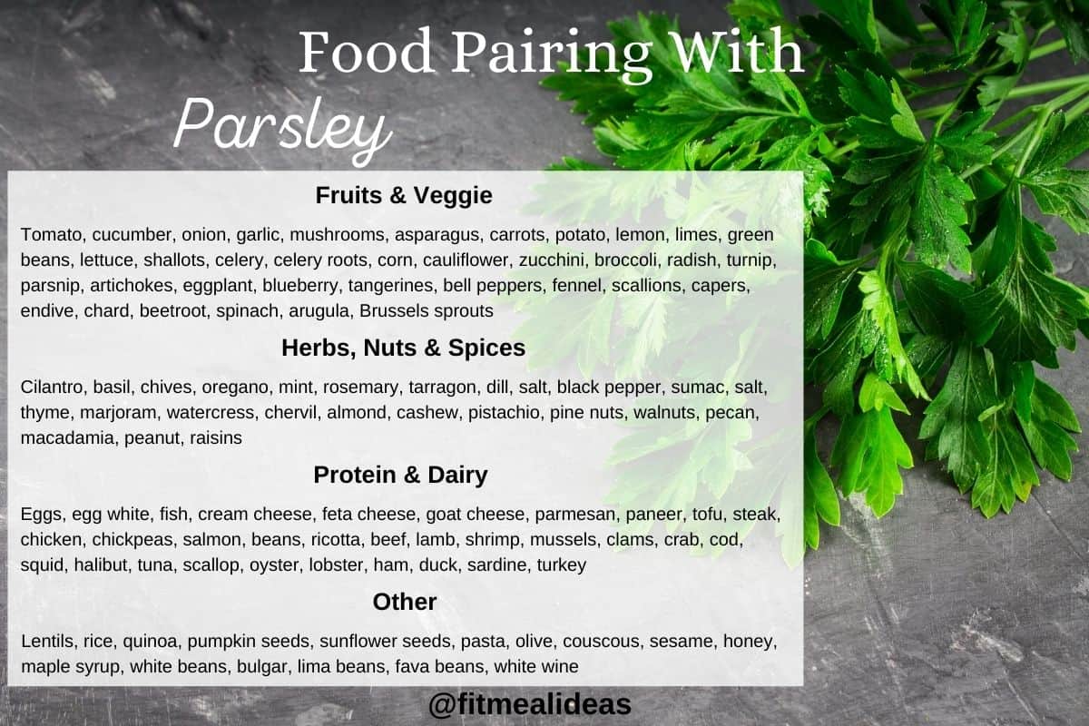 infographic of parsley with food groups that pair with with it.