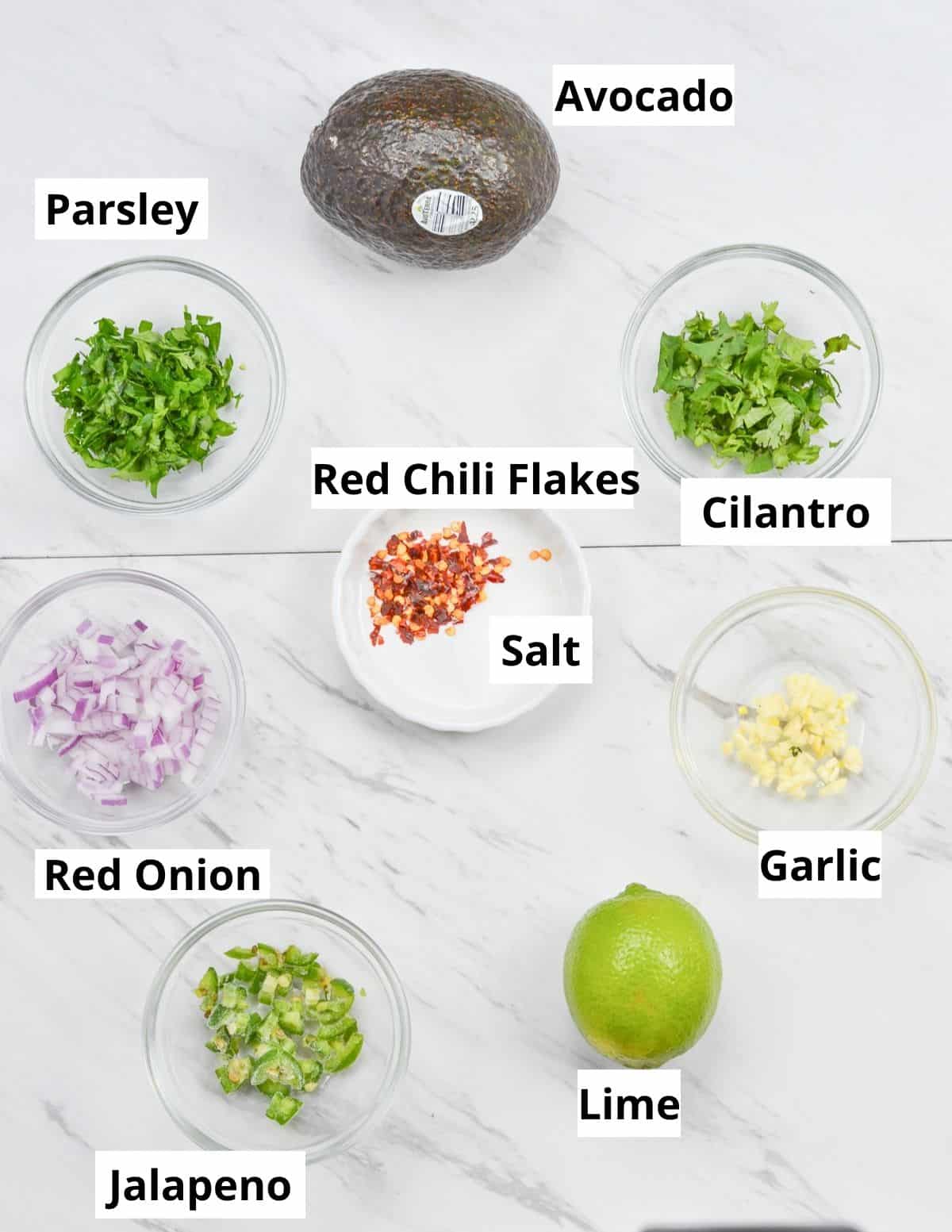 Ingredients to make no tomato guacamole