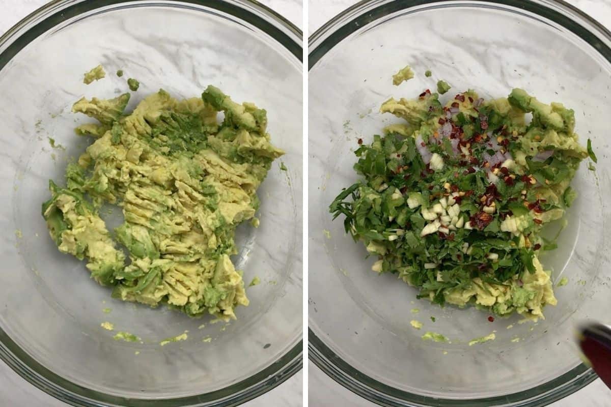 Combining all ingredients along with mashed avocado in a mixing bowl.