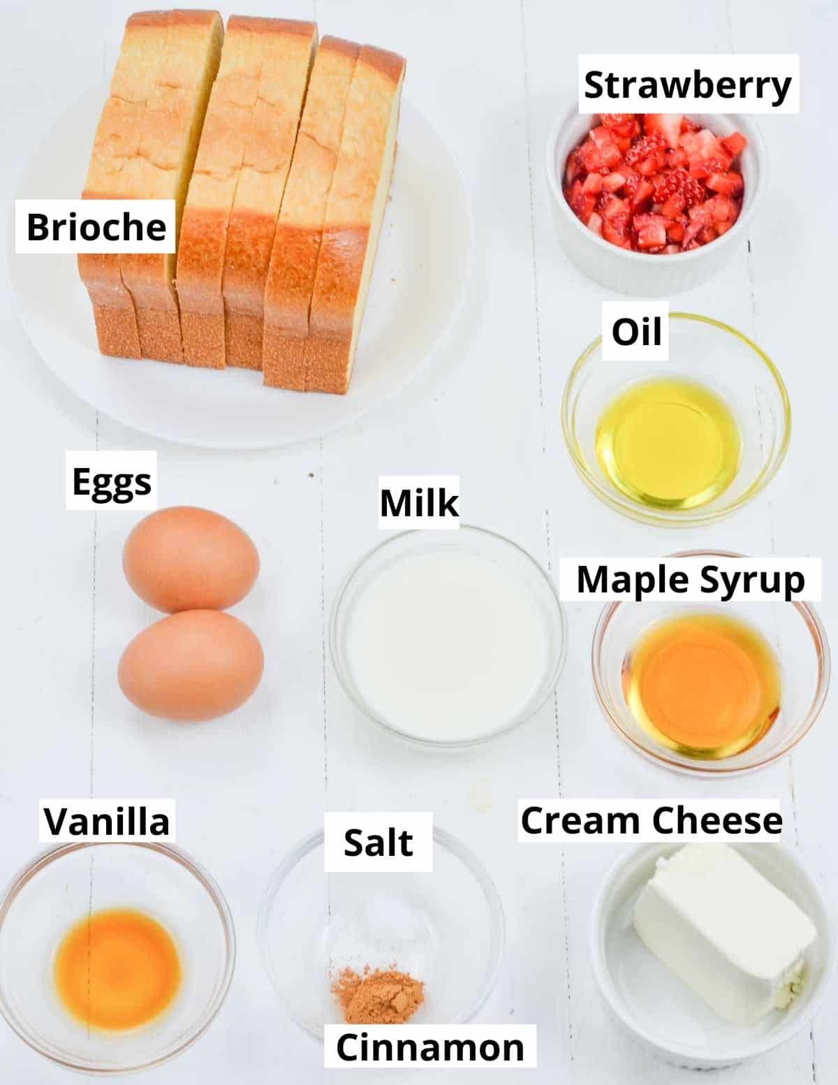 Ingredients for making stuffed french toast shown in the image.