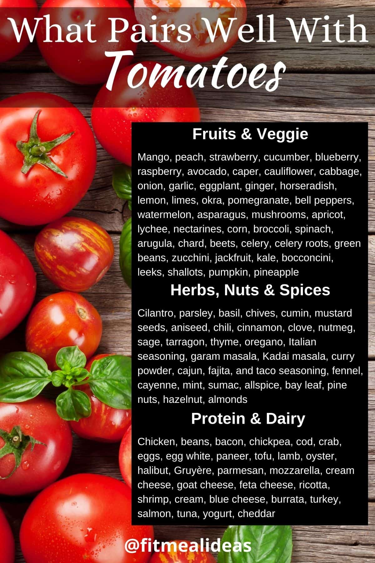 infographic for tomatoes and flavors that go well with them.